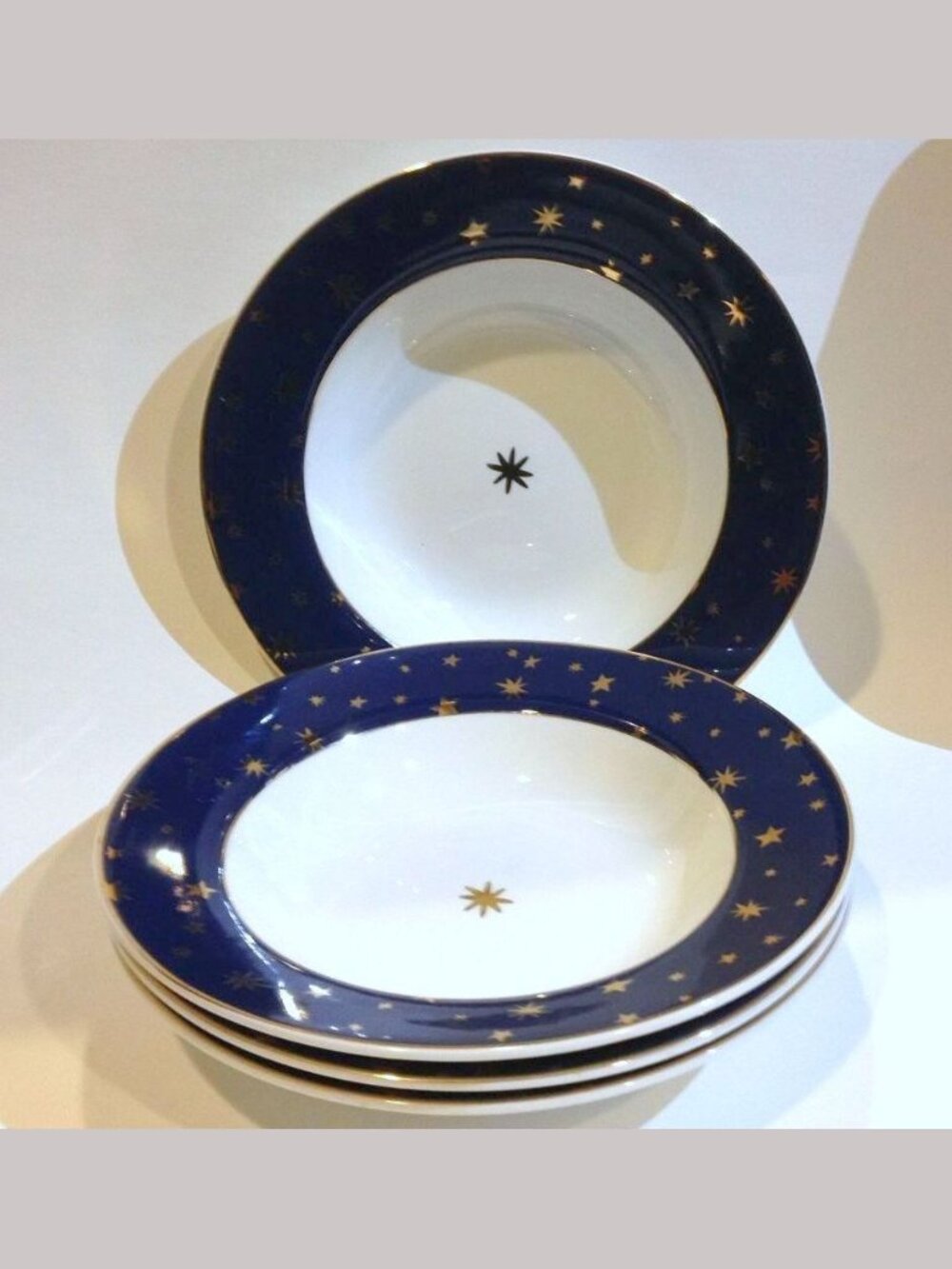 Sakura - Galaxy - Blue - 8 3/4" Soup Bowls - 14k Gold w/ Center Star Set of FOUR